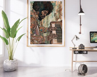Jazz pianist wall art - Afro Music print, Retro Soul Artwork, Aesthetic Piano Poster, Vintage Jazz decor, Musician Ilustration, Digital Art