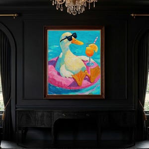 Relaxing Duck on Pool Float Digital Art Print | Cute Summer Duck Illustration | Trendy Bathroom Wall Art | Quirky Poster with Stylish Ducks