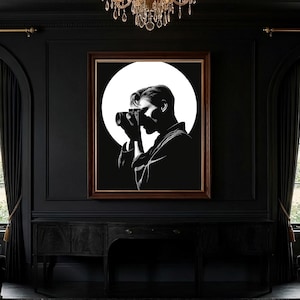 Photographer Wall Art Digital Print Male Camera Silhouette Poster Black and White Minimalist Linocut Man Cave Decor Photography Giftt