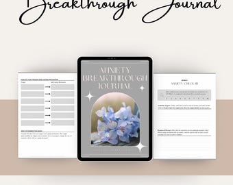 May include: A digital journal with a gray background and a floral design. The text "Anxiety Breakthrough Journal" is at the top of the page. The text "Soft Hearts & Brave Souls" is at the bottom of the page.