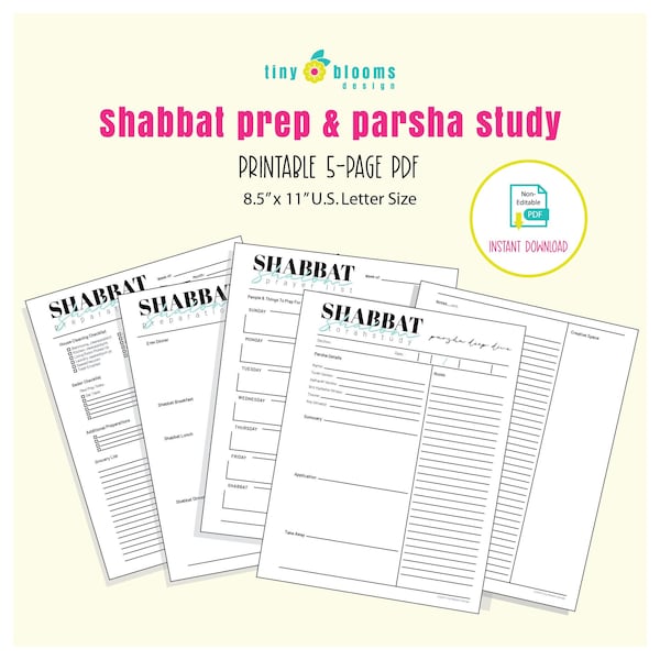 Weekly Parsha Study Guide and Shabbat Prep Set, 8.5" x 11" US Letter Sheets, Torah study, bible study, prayer list, meal prep, shopping list