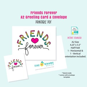 Friends Forever A2 Greeting Cards Two Cards with Envelope, Blank Card, Printable PDF, Digital Download, heart