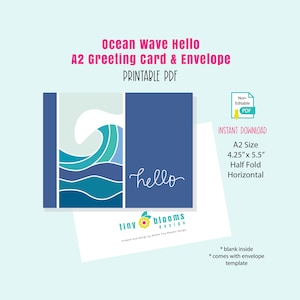 Tarjeta de felicitación Wave Hello A2 con sobre, tarjeta en blanco, PDF imprimible, descarga digital, playa, ola, océano