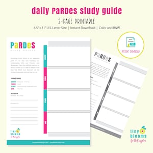 Guía de estudio del método Daily PaRDes, hojas tamaño carta de EE. UU. de 8,5 x 11 pulgadas, color y blanco y negro, estudio de la Torá, estudio bíblico, escrituras