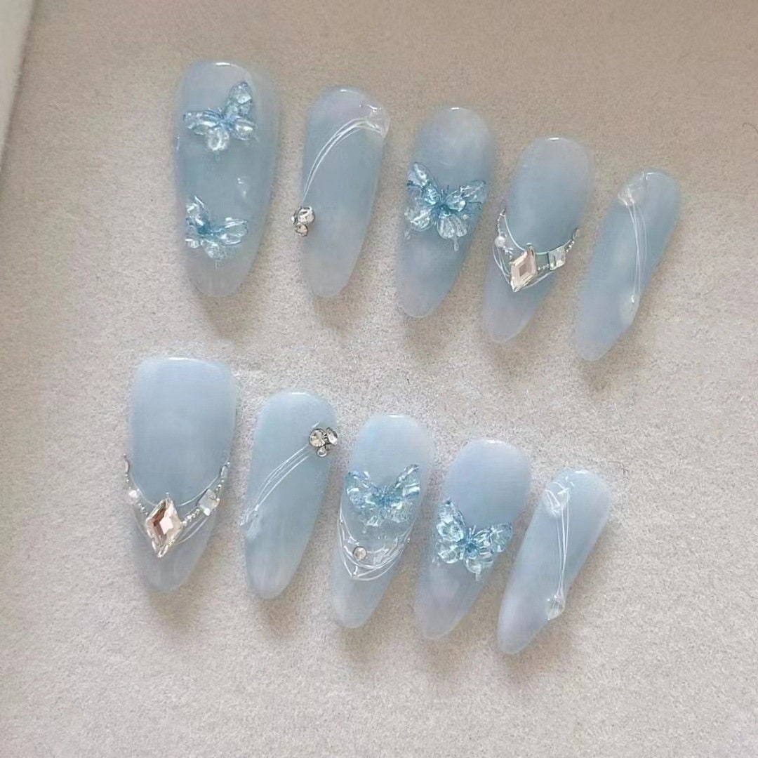 3D Butterfly Blue Press on Nails Long Almond Nails/soft Girl - Etsy