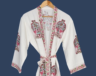 Unisex Waffle Cotton robe,Printed Gown, Block Printed Bathrobe