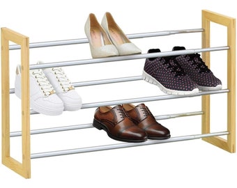 MantraRaj 3 Tier Shoe Rack Extendable Chrome Plated Metal with Pinewood Frame Holds up to 18 Pairs of Shoes Shoe Storage Cabinet