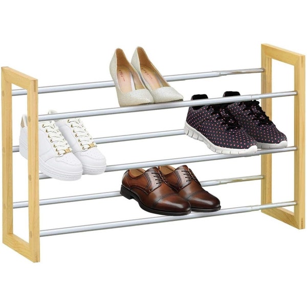 MantraRaj 3 Tier Shoe Rack Extendable Chrome Plated Metal with Pinewood Frame Holds up to 18 Pairs of Shoes Shoe Storage Cabinet