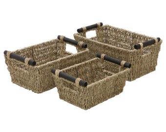 MantraRaj Set van 3 opbergmanden van zeegras met houten handvatten. Decoratieve rieten manden