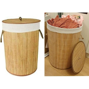 Mantraraj Eco Friendly Round Bamboo Collapsible Laundry Basket With Lid And Cloth Liner Washing Basket Wooden Laundry Hamper Bin