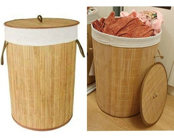 Cesta de lavandería plegable de bambú redonda ecológica Mantraraj con tapa y forro de tela cesta de lavado cesto de madera para la colada