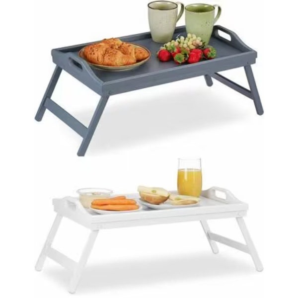 Plateau de lit en bois de bambou MantraRaj avec pieds pliants plateau de service pour le petit-déjeuner pour les genoux, blanc/gris ou naturel