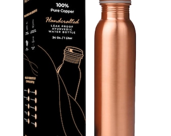 MantraRaj 100% Pure Copper Water Bottle 1 Liter 34 Oz Leak Proof Perfect Ayurvedic Copper Vessel for Sports, Fitness, Yoga, Gym (Plain)