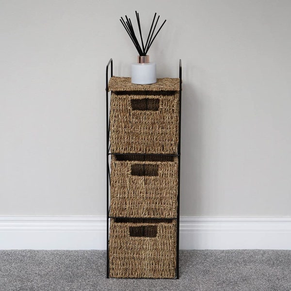 MantraRaj Seagrass Woven 3 Drawer Storage Tower Storage Unit For Bedroom, Bathroom, Home, Office Organisation Cabinet Furniture Basket Shelf