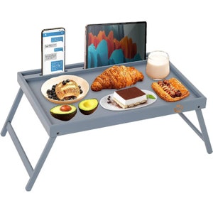 MantraRaj Bamboo Wooden Breakfast Grey Serving Tray Bed Tray Table With Folding Leg Breakfast Tray for Bed, Eating Dinner Working Reading