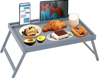 MantraRaj Bamboo Wooden Breakfast Grey Serving Tray Bed Tray Table With Folding Leg Breakfast Tray for Bed, Eating Dinner Working Reading