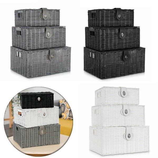 MantraRaj Woven Wicker Hamper Basket Set Storage Baskets Hamper Box With Lid Decorative Kitchen Bathroom Hamper Portable with Handle