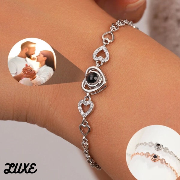 Custom Photo Couples Bracelet, Personalized Projections Heart Bracelet, Relationship Matching Bracelet, Gift for Her, Valentines Day Gift