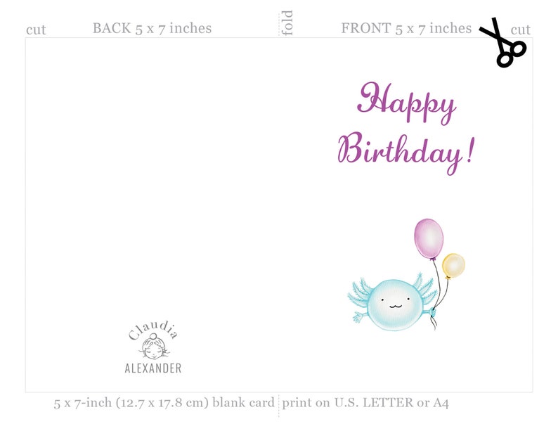 Cute Axolotl Drawing: 5x7 Birthday Card (blank Inside) - Etsy