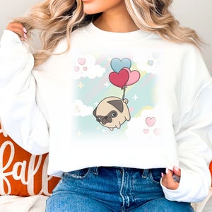 When pugs fly, Pug in the sky Crewneck Sweatshirt, cute cartoon pug with heart balloons sweater, perfect gift for dog lover