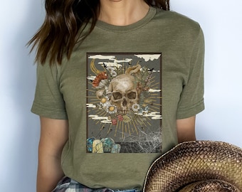 Tarot Card Shirt, Skull and flowers shirt, Gothic Shirt, Tarot Card style Tee, Mystical Shirt, Tarot Card T-shirt, Halloween skeleton shirt,