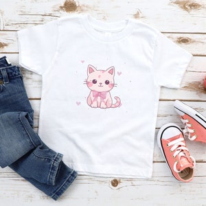 Camisa de gatito rosa Kawaii para niños, camisa de gato linda, regalo para niña, regalo de amante de los gatos, camisa de gato para niños, animales Kawaii, gatos y corazones, regalo de gato