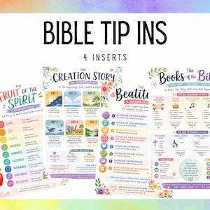 May include: Four Bible tip-in inserts featuring colorful floral illustrations and religious text. The sheets are titled BIBLE TIP INS, THE FRUIT OF THE SPIRIT, THE CREATION STORY, THE BEATITUDES, and The Books of the Bible, with detailed charts and lists.