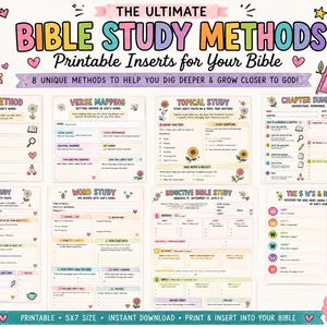 Op de afbeelding: Een set van acht printbare bijbelstudie-inlegvellen met kleurrijke bloemaccenten en koppen zoals The SOAP Method, Verse Mapping, Topical Study, Chapter Summary, Character Study, Word Study, Inductive Bible Study en The 5 W's & H Method.