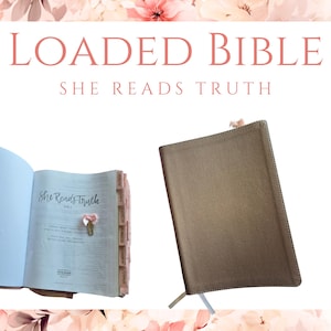 May include: Two Bibles are shown, one open and one closed. The open Bible displays the text "She Reads Truth" and has pink and beige tabs. The closed Bible is a muted brown colour. The text "LOADED BIBLE" and "SHE READS TRUTH" are in pink.