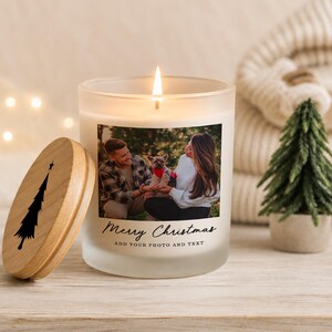 Personalized Christmas photo candle gift set with engraved bamboo lid, cotton pouch and match bottle, featuring a custom family photo and Merry Christmas design.  ADD YOUR PHOTO AND TEXT.