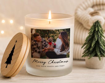 Personalized Christmas Photo Candle, Custom Family Gift with Engraved Lid, 10 oz Soy Wax