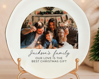 Personalized Christmas Ornament Photo Plate with Golden Stand, Home Decor Christmas Gifts