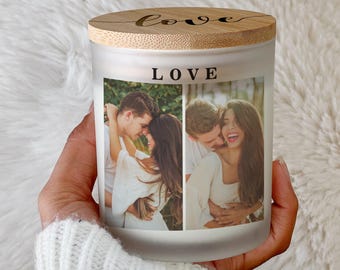 Custom Photo Candle, Gift for Couples, Printed on Glass, Lid Engraving, Soy Wax 10oz