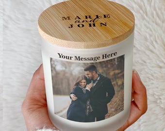 Custom Photo Romantic Candle: Engraved Lid, No Label Printed On glass, Soy Wax (10oz)