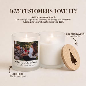 May include: Two frosted glass candles with white wax. One candle features a custom photo of a person and a dog with the text Merry Christmas and Add your photo and text. The other candle has a round wooden lid engraved with a pine tree design.