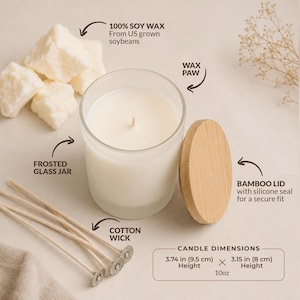 May include: A white candle in a frosted glass jar with a bamboo lid and silicone seal. Includes 100% soy wax from US grown soybeans, a cotton wick, and wax pieces. Dimensions are 3.74 inches in height and 3.15 inches in width, totaling 10 ounces.