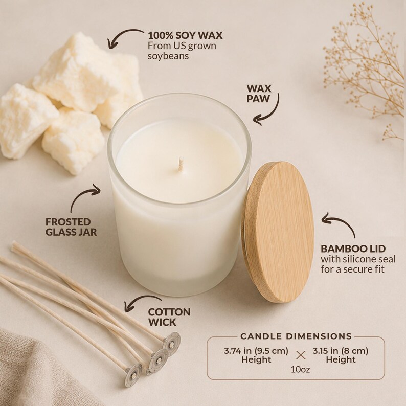 May include: A white candle in a frosted glass jar with a bamboo lid and silicone seal. Includes 100% soy wax from US grown soybeans, a cotton wick, and wax pieces. Dimensions are 3.74 inches in height and 3.15 inches in width, totaling 10 ounces.