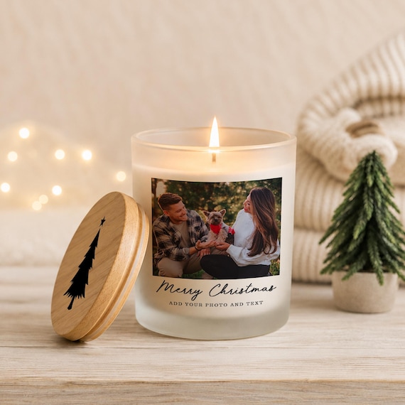 Personalized Christmas Photo Candle, Custom Family Gift with Engraved Lid, 10 oz Soy Wax