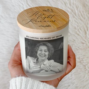 Memorial Photo Candle, Printed on Glass (no label), Engraved Bamboo Lid, Memorial for Parent, Mother, Dad, Grandma | 10oz, Soy Wax, USA Made