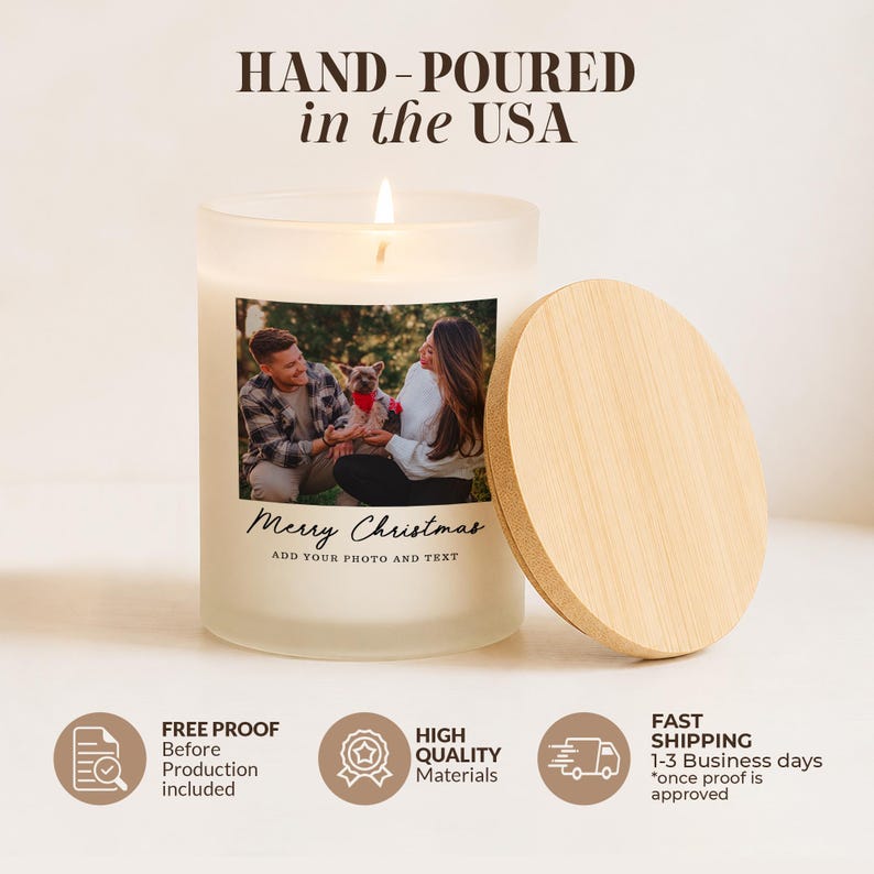 May include: A frosted glass candle with a lit wick and a light-colored wooden lid. The label features a photograph of a person and a dog, with the text "Merry Christmas" and "ADD YOUR PHOTO AND TEXT" printed below the image.