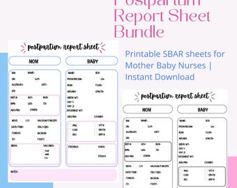 Postpartum Nurse Report Sheet Bundle | Mother Baby Shift Report Printable | L and D, Nursery, OB Nurse Handoff Sheet | Color + B&W PDF