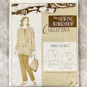 May include: A sewing pattern envelope for The Sewing Workshop Collection Nikko Jacket. The front features a brown and white illustration of a jacket with a wrap front, long sleeves, and patch pockets, alongside line drawings for View A and View B.