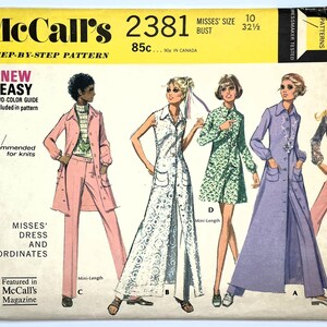 1970s McCall's 2381 Vintage Sewing Pattern Misses' Dress and Coordinates Pants, Blouse Size 10 Uncut