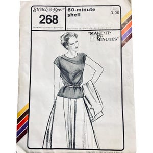 May include: Vintage sewing pattern for a 60-minute shell top, featuring a line drawing of a woman wearing the garment. The pattern is labeled "268" and includes bust sizes from 28 to 44 inches. The text "MAKE IT IN MINUTES" is also visible.