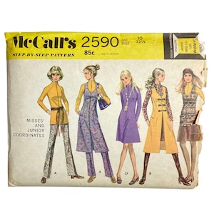 May include: Vintage McCall's 2590 sewing pattern featuring illustrations of Misses' and Junior coordinates. The pattern includes a variety of 1970s styles, including dresses, jumpsuits, and vests. The pattern size is 10, with a bust size of 32 1/2 inches.