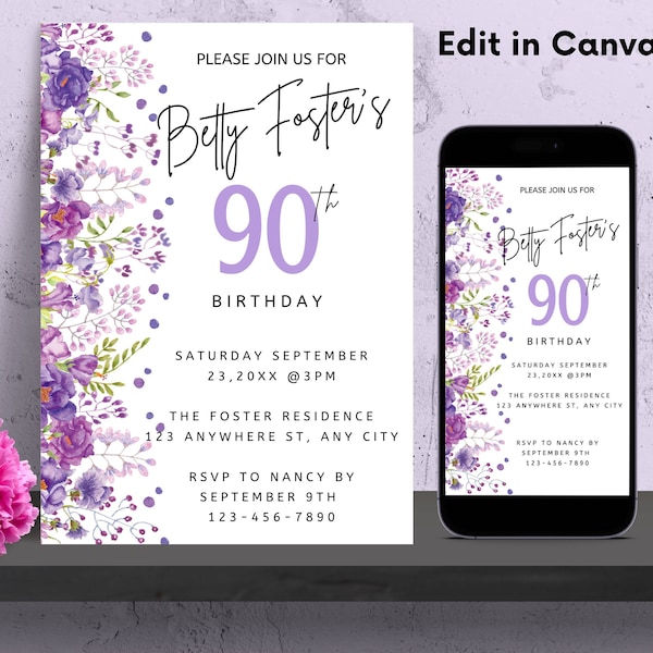 90th Birthday Invitation - Editable Invite Template for Any Age - Purple Wildflower