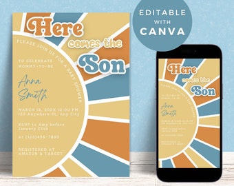 Può includere: Un invito a una festa di benvenuto per un bambino con un design a raggi di sole retrò in tonalità di blu, giallo e arancione. Il testo recita "Here comes the Son" con la parola "Son" in un carattere grande e stilizzato. L'invito include il nome "Anna Smith" e i dettagli della festa, tra cui la data, l'ora, il luogo e le informazioni di RSVP.