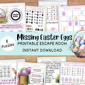 Peut inclure: Ensemble de huit énigmes imprimables sur le thème de Pâques, dont un cryptogramme et un Sudoku. Le design présente des couleurs pastel, des œufs de Pâques et un panier de fleurs. Le texte comprend "Missing Easter Eggs" et "Instant Download".