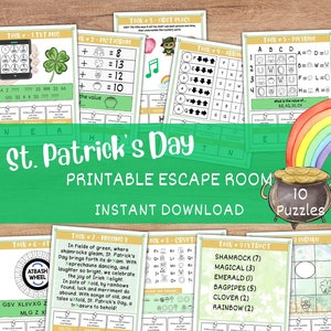 May include: A St. Patrick's Day printable escape room with 10 puzzles. The image features various puzzle cards with text and graphics, including shamrocks, rainbows, and a pot of gold. The title "St. Patrick's Day" is prominently displayed.