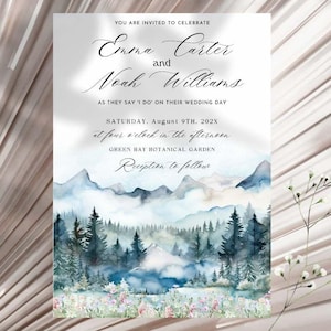 Mountain Wedding Invitation Template - Printable Watercolor Mountains Wedding Invite - Editable Canva Wedding Suite 5x7 - A067